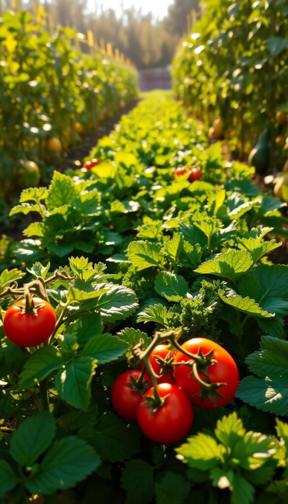 A lush, sunlit vegetable garden, with rows of vibrant greens and colorful produce. The foreground features thriving tomato plants, their ripe fruits glowing in the warm sunlight. Leafy kale, fragrant basil, and crisp lettuce fill the middle ground, while in the background, a variety of squash and zucchini plants stretch towards the sky. The scene is bathed in a soft, golden light, creating a serene and inviting atmosphere. The camera captures the garden from a low angle, emphasizing the verdant abundance and the sense of nurturing growth. This idyllic setting reflects the ideal conditions for a small, yet bountiful backyard vegetable garden.