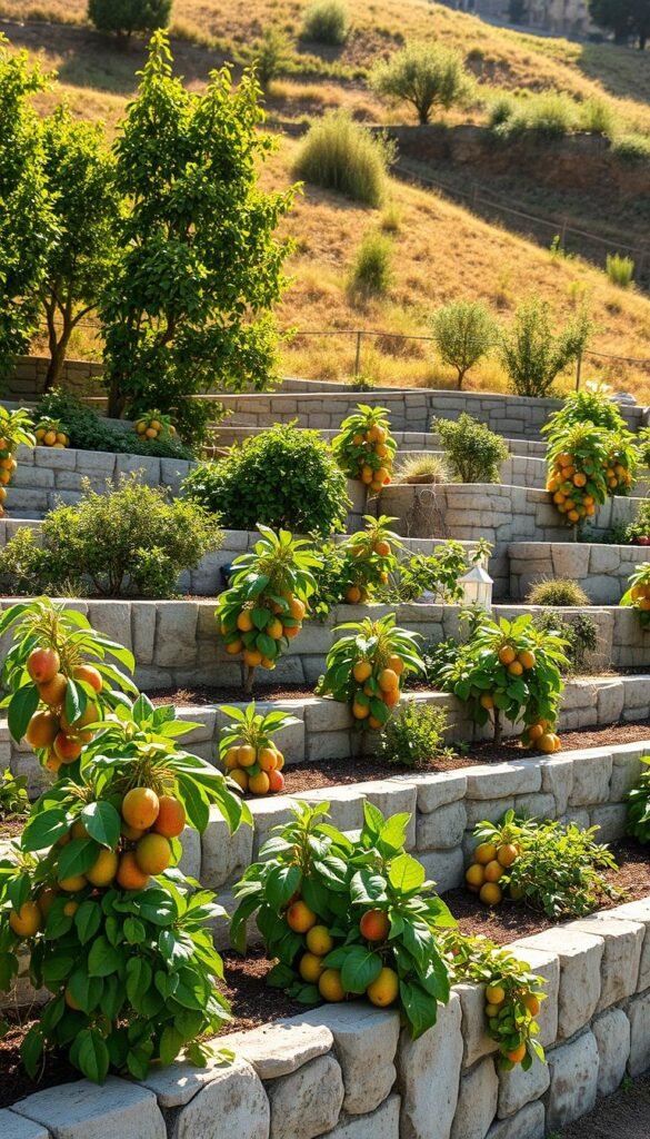 A lush, terraced garden set against a gently sloping backdrop, featuring well-designed retaining walls that create raised garden beds for a variety of thriving fruit plants. The walls are constructed from sturdy, natural-looking stone, blending seamlessly with the surrounding landscape. Sunlight filters through the scene, casting warm, soft illumination that highlights the vibrant greens of the foliage and the rich hues of the ripe fruits. The overall composition conveys a sense of harmonious integration between the human-made structures and the natural elements, creating a visually appealing and functional fruit garden in a sloped, terraced setting.