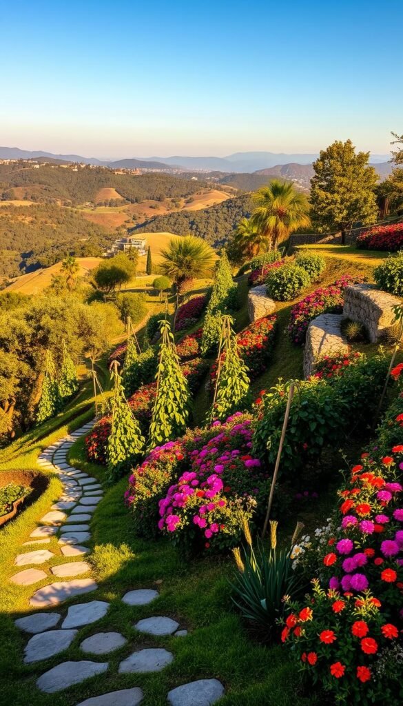 A lush, terraced garden space on a gently sloping hillside, with neatly arranged fruit trees and vibrant flowering plants cascading down the tiered levels. The scene is bathed in warm, golden afternoon sunlight, casting soft shadows and highlighting the textural diversity of the plants. In the foreground, a winding stone path leads the eye through the various tiers, inviting the viewer to explore the well-designed layout. The middle ground features a mix of citrus trees, berry bushes, and colorful perennials, while the background showcases distant rolling hills and a cloudless azure sky. The overall impression is one of tranquility, productivity, and a harmonious integration of nature and human cultivation.