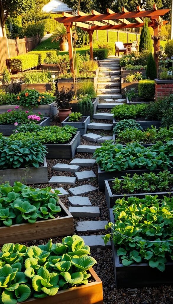 A lush, terraced vegetable garden cascading down a sloped backyard. In the foreground, raised garden beds filled with thriving leafy greens and vibrant vegetables, arranged in a natural, asymmetrical layout. The middle ground showcases a stone pathway winding through the tiers, complemented by ornamental flowering plants and neatly pruned shrubs. In the background, a wooden pergola casts gentle shadows, hinting at a cozy seating area. The scene is illuminated by warm, golden afternoon light, creating a welcoming and serene atmosphere. The overall composition emphasizes the harmonious integration of functional growing spaces with thoughtful landscape design on a sloped terrain.