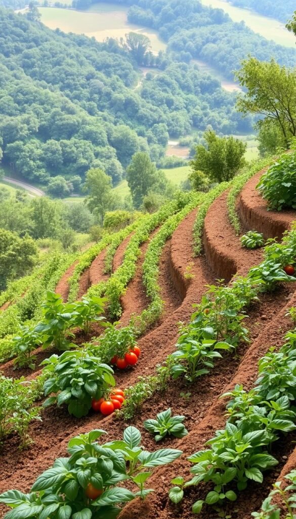 A lush, terraced vegetable garden nestled into a gently sloping hillside, with well-defined tiers of rich soil and neatly spaced rows of thriving plants. The foreground showcases a variety of leafy greens, vibrant tomatoes, and fragrant herbs, all bathed in soft, natural lighting. In the middle ground, the terraced levels ascend, creating a visually appealing, tiered landscape. The background reveals a verdant backdrop of trees and rolling hills, suggesting a peaceful, rural setting. The overall scene conveys a sense of harmony, productivity, and the beauty of transforming a challenging slope into a bountiful, productive growing space.