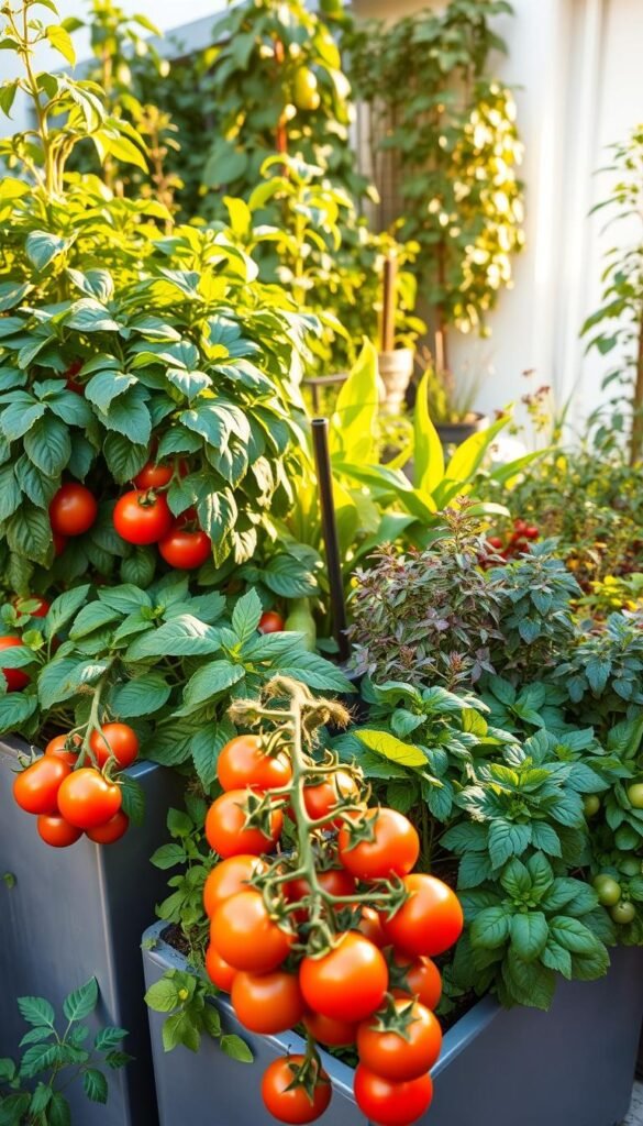 A lush, thriving container garden overflowing with a variety of fresh produce. In the foreground, vibrant tomato plants, plump and ripe, stretch towards the sun. In the middle ground, leafy greens and herbs cascade over the sides of stylish, modern planters, their verdant foliage creating a visually striking composition. The background features a mix of compact, high-yield vegetable varieties like cucumbers, peppers, and dwarf fruit trees, all nestled together in a harmonious, space-saving arrangement. The scene is bathed in warm, golden light, casting gentle shadows and highlighting the textures of the plants. The overall mood is one of abundance, productivity, and the joyful celebration of bountiful harvests, all within a confined, urban-friendly setting.