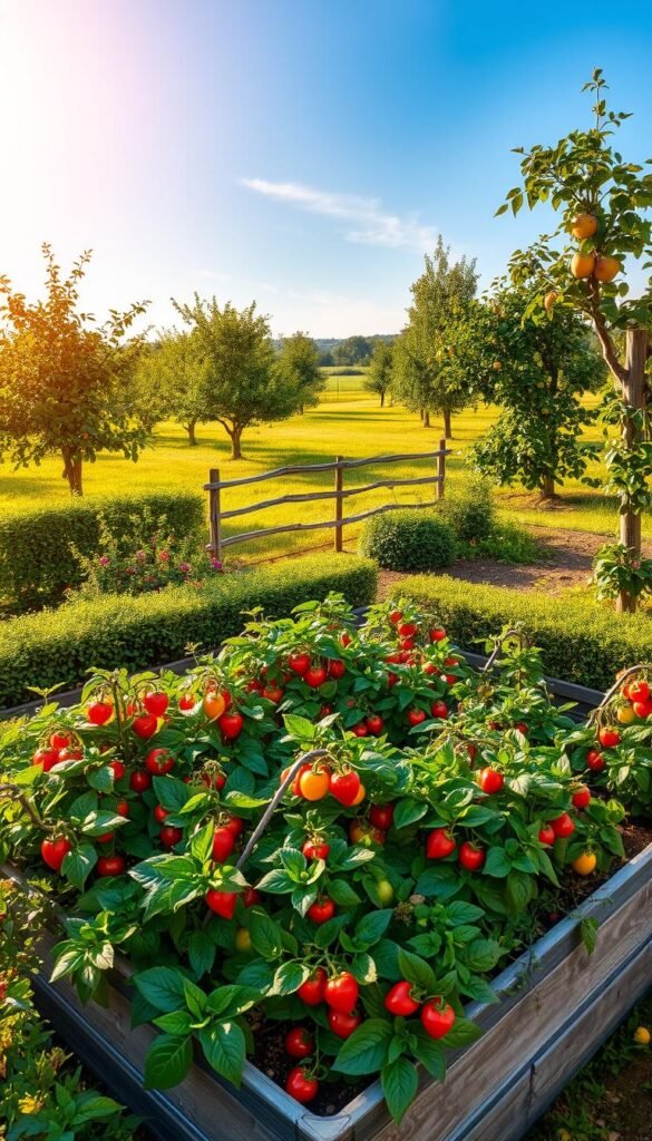 A lush, thriving garden transformation with an array of vibrant, bountiful fruit trees and plants. In the foreground, a central raised planter bed overflows with glossy-leafed tomato vines, trailing strawberry plants, and plump, colorful bell peppers. Surrounding the beds, neatly trimmed hedges and flowering shrubs create a sense of privacy and enclosure. In the middle ground, an orderly orchard of apple, pear, and peach trees stand tall, their branches heavy with ripe, glistening fruit. The background features a rustic wooden fence and a sun-dappled meadow, with a clear blue sky overhead. The lighting is warm and golden, casting a serene, idyllic atmosphere over the entire scene. A tranquil, personal oasis of natural abundance.