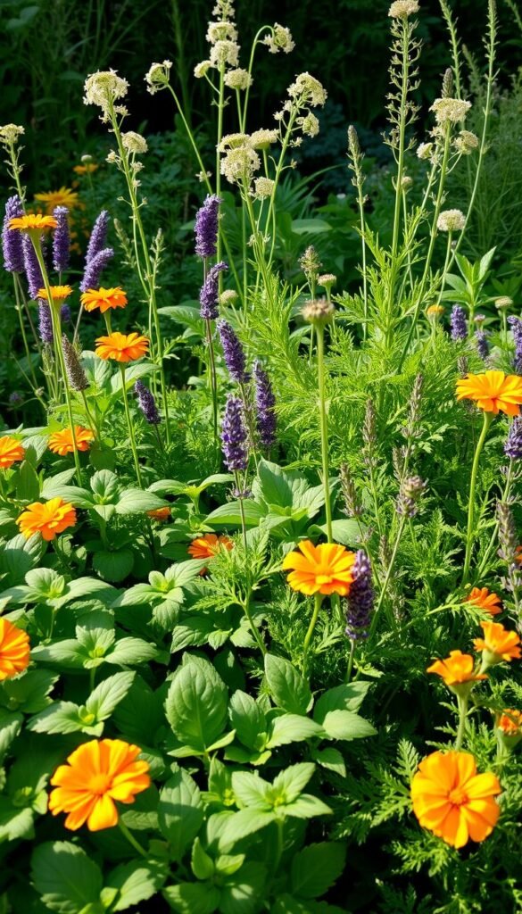A lush, thriving herb garden in natural light, with a variety of companion plants strategically placed to deter pests. In the foreground, leafy greens like basil and parsley intermingle with vibrant marigolds and fragrant lavender. In the middle ground, tall fennel and dill stalks sway gently, their delicate flowers attracting beneficial insects. The background features a diverse array of other herbs like rosemary, thyme, and mint, creating a verdant, harmonious scene. The lighting is soft and diffused, enhancing the colors and textures of the plants. The composition is balanced, with a sense of depth and movement, inviting the viewer to explore the natural pest control tactics at work in this carefully cultivated herb garden.