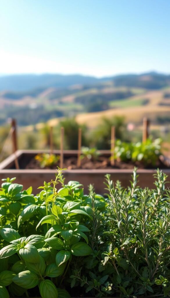 A lush, thriving herb garden set against a warm, sun-dappled backdrop. In the foreground, an array of vibrant, healthy herbs - basil, thyme, rosemary, and oregano - each showcasing their distinctive textures and hues. The middle ground features a raised garden bed, its soil rich and well-tended, with the herbs growing in neat, orderly rows. In the background, a subtly blurred scene of a picturesque countryside, rolling hills, and a clear blue sky, suggesting the ideal environment for easy herb cultivation. Soft, diffused lighting casts a gentle glow over the entire scene, creating a sense of serene, natural beauty.