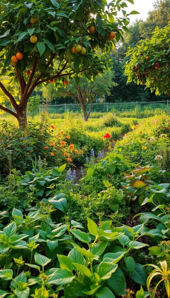 A lush, thriving integrated garden ecosystem. In the foreground, a diverse mix of vegetables, herbs, and flowers grow in harmony, their leaves and stems intertwined. In the middle ground, fruit trees and berry bushes provide a canopy of shade, their branches heavy with ripe produce. Beneath them, a living mulch of nitrogen-fixing plants and nutrient-rich soil teems with beneficial insects and microorganisms. The background is a verdant tapestry of companion plants, their vibrant colors and textures creating a visually stunning and biologically balanced landscape. Warm, diffused sunlight filters through the foliage, casting a gentle glow over the entire scene. The atmosphere is one of abundance, sustainability, and nature's delicate balance.