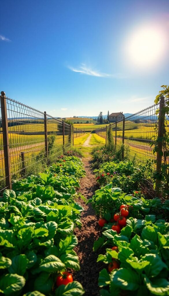 A lush, thriving vegetable garden teeming with vibrant, pest-free produce. In the foreground, neatly arranged rows of leafy greens, tomatoes, and carrots, their leaves glistening with morning dew. A sturdy, decorative fence surrounds the garden, its elegant wrought-iron design providing a secure barrier against unwanted intruders. The middle ground features a path winding through the garden, flanked by fragrant herbs and flowering plants that attract beneficial insects. In the background, a picturesque countryside landscape unfolds, with rolling hills and a cloudless azure sky bathed in warm, golden sunlight. The overall atmosphere exudes a sense of tranquility, abundance, and the triumph of natural harmony over pests, inviting the viewer to step into this idyllic, pest-free sanctuary.