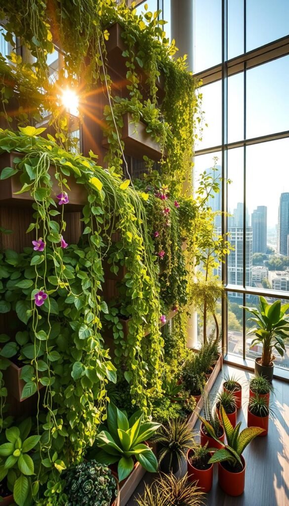 A lush, thriving vertical garden cascading down a modern architectural facade, bathed in warm, golden sunlight streaming through floor-to-ceiling windows. In the foreground, verdant foliage of trailing vines, leafy herbs, and colorful flowers spill gracefully from tiered planters, creating a vibrant, textured tapestry. The middle ground features an array of potted succulents, ferns, and trailing plants arranged in a dynamic, asymmetrical composition, complementing the clean, minimalist aesthetic of the space. The background showcases a panoramic cityscape view, with skyscrapers and lush treetops visible through the expansive glass walls, emphasizing the harmonious integration of nature and urban living. The overall mood is one of serenity, productivity, and a connection to the natural world, capturing the essence of the benefits of vertical gardening.