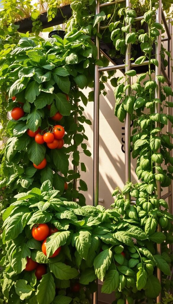 A lush, thriving vertical garden with various leafy vegetables and herbs cascading down from a series of shelves and trellises. The scene is bathed in warm, natural lighting, creating a serene and inviting atmosphere. In the foreground, a mix of kale, tomatoes, and basil plants spill over the edges of the shelves, showcasing the abundant bounty of a space-saving vertical gardening setup. The middle ground features a sleek, modern metal frame supporting additional tiers of produce, while the background depicts a sun-dappled wall, hinting at the integration of the garden into an urban or indoor environment. The overall composition highlights the practical and aesthetic benefits of vertical gardening, inspiring the viewer to consider incorporating such a system into their own growing space.