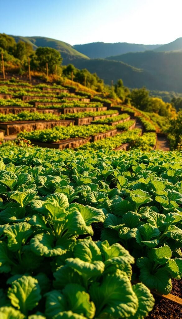 A lush, tiered vegetable garden on a gentle slope, bathed in warm afternoon sunlight. In the foreground, rows of thriving crops, their leaves glistening with dew. The middle ground features expertly-crafted terraced beds, each step a riot of color and texture. In the background, a backdrop of verdant hills and a clear blue sky, hinting at the picturesque setting. The composition emphasizes the harmonious integration of the garden with the natural landscape, showcasing the benefits of slope gardening - improved drainage, increased sun exposure, and efficient use of space. A wide-angle lens captures the scene, inviting the viewer to imagine the bountiful harvest and serene ambiance of this idyllic, terraced oasis.