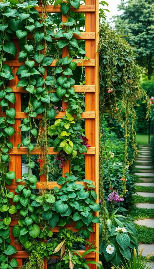 A lush trellis-supported vertical vegetable garden, meticulously designed to maximize space. The foreground features a variety of thriving vines and climbing plants, their tendrils gracefully clinging to the sturdy wooden trellis. The middle ground showcases a mix of leafy greens, vibrant herbs, and trailing flowers, arranged in a visually captivating manner. In the background, a backdrop of verdant foliage and a hint of a tranquil garden path create a serene, naturalistic atmosphere. Warm, diffused lighting casts a gentle glow, accentuating the textures and colors of the thriving plants. The overall composition evokes a sense of harmony, productivity, and the efficient use of vertical space in a contemporary urban or suburban setting.