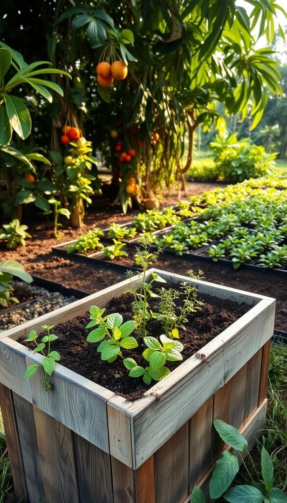 A lush, tropical garden setting with a large, weathered wooden planter box filled with rich, dark soil in the foreground. Inside the planter, verdant plants and herbs are thriving, their vibrant foliage gently swaying in the warm, soft light. The background features a well-tended garden, with an array of colorful fruits and vegetables growing in orderly rows, surrounded by a verdant, leafy canopy. The lighting is natural and diffused, creating a serene, inviting atmosphere. The composition is balanced and visually appealing, showcasing the importance of proper soil preparation and container gardening for a thriving tropical fruit garden.