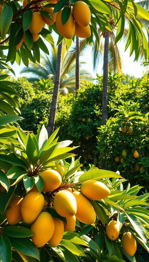A lush, tropical paradise with a vibrant array of mango, avocado, and guava trees. In the foreground, the glossy, green leaves of the mango trees sway gently in the warm breeze, their ripe, golden-yellow fruits beckoning to be plucked. Further back, the tall, slender trunks of the avocado trees rise up, their unique, pear-shaped fruits nestled among the foliage. In the background, the bushy, emerald-hued guava trees add a sense of depth and diversity, their sweet, pink-tinged fruits peeking out. The scene is bathed in warm, golden light, creating a vibrant, sun-dappled atmosphere. Captured with a wide-angle lens, the image conveys a sense of lush abundance and the irresistible allure of these extraordinary tropical fruits.