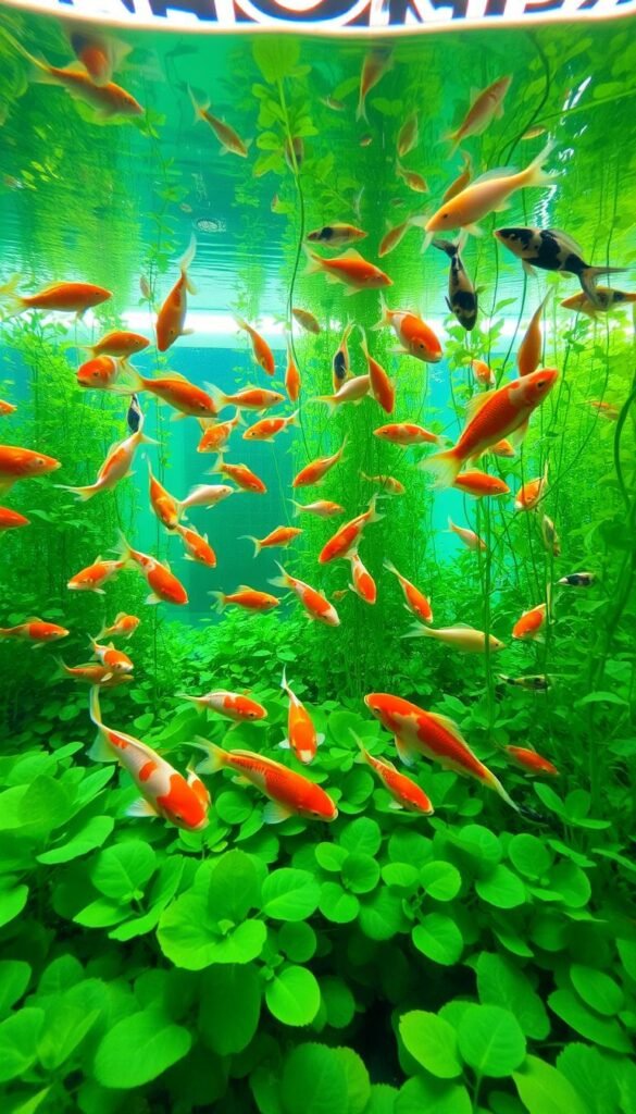 A lush, underwater aquaponic scene featuring a school of vibrant fish - perhaps koi or goldfish - swimming gracefully among a dense arrangement of green aquatic plants. The plants should be a variety suitable for aquaponic systems, such as water lettuce, water hyacinth or water mint. The lighting should be soft and diffused, creating a serene, natural atmosphere. The camera angle should be slightly elevated, providing a panoramic view of the entire system. The overall composition should be balanced and visually appealing, showcasing the harmonious coexistence of the aquatic life and plants.