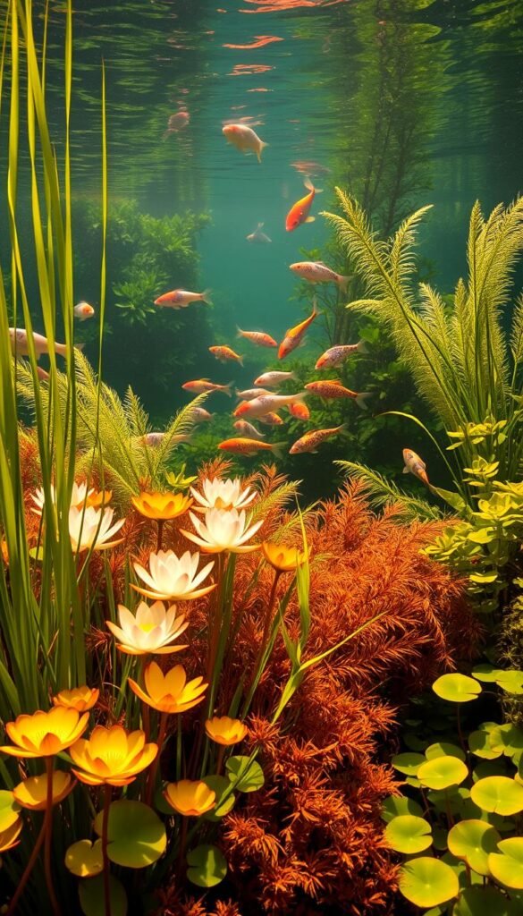 A lush underwater garden teeming with vibrant aquatic plants and serene swimming fish. In the foreground, clusters of tall, swaying water lilies and delicate, floating lotus blossoms. Surrounding them, dense bunches of verdant, feathery aquatic grasses sway gently with the current. In the middle ground, a school of colorful koi fish glide gracefully, their vibrant orange, white, and black scales shimmering under the soft, diffused lighting. In the background, a variety of submerged plants, like broad-leafed sag and bushy hornwort, create a natural, tranquil setting. The scene is bathed in a warm, golden glow, reflecting off the still, crystal-clear waters, evoking a serene, harmonious aquatic oasis.