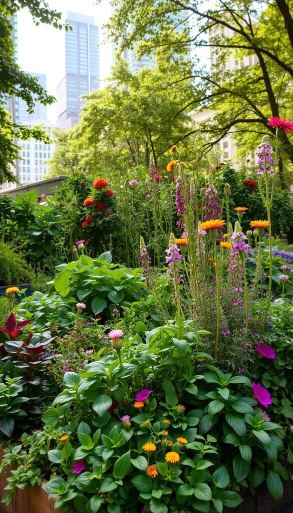 A lush urban garden, a vibrant contrast of structured and chaotic growth. In the foreground, a meticulously arranged raised bed bursting with diverse vegetation - leafy greens, fragrant herbs, and vibrant flowers. Towards the middle, a more free-flowing, untamed section showcases a riot of colors and textures, with trailing vines, towering wildflowers, and a mix of native and ornamental plants. The background reveals the cityscape, skyscrapers and concrete softened by the verdant canopy of trees. Diffused natural light filters through, casting a warm, inviting glow over the scene. The overall impression is one of harmony, where order and chaos coexist, creating a dynamic, thriving oasis within the urban landscape.
