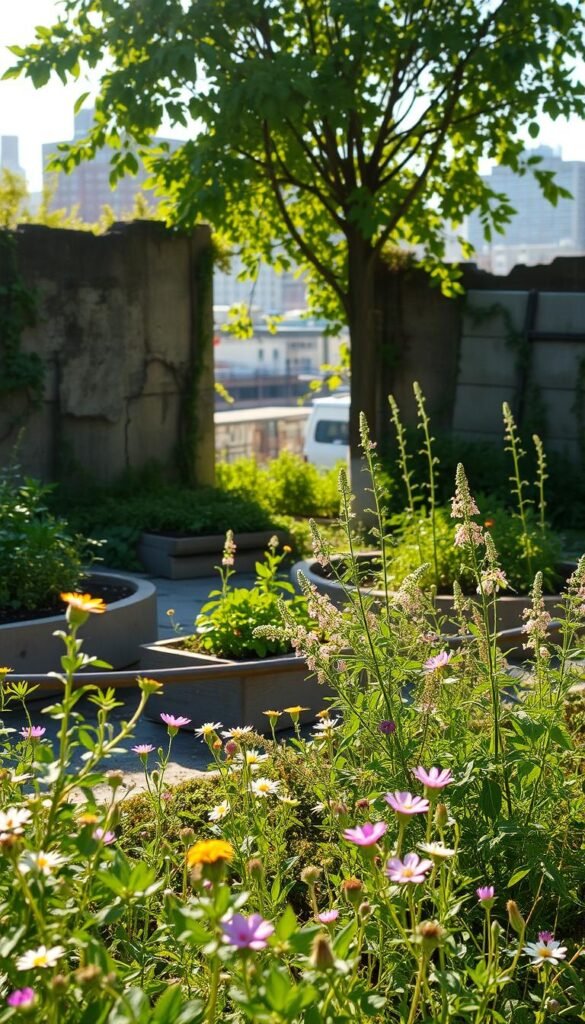 A lush urban garden blooms amidst an abandoned lot, sunlight filtering through verdant foliage. In the foreground, vibrant wildflowers and herbs spill over raised garden beds, their delicate petals and leaves dancing in a gentle breeze. In the middle ground, young trees and vines climb over crumbling walls, reclaiming the space with verdant tendrils. The background reveals a cityscape in the distance, a reminder of the juxtaposition between nature's resilience and urban decay. The scene is bathed in a warm, golden glow, the lighting capturing the tranquil, rejuvenating atmosphere of this guerrilla gardening project.