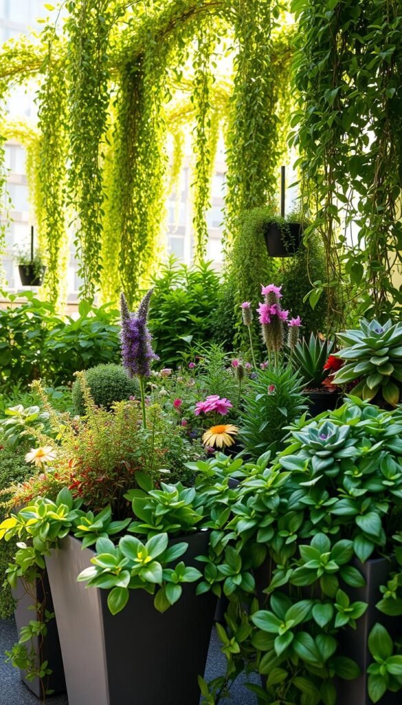 A lush urban oasis unfolds, showcasing a harmonious blend of verdant container gardens. In the foreground, a variety of thriving potted plants, from cascading vines to towering succulents, spill over the edges of sleek, modern planters. The middle ground unveils a captivating arrangement of trailing herbs, leafy greens, and vibrant flowers, creating a sense of layered depth and visual interest. In the background, the scene is framed by the soft, warm glow of natural daylight filtering through a canopy of trailing foliage, casting a serene, natural ambiance. The overall composition evokes a sense of tranquility and a masterful application of urban container gardening techniques.