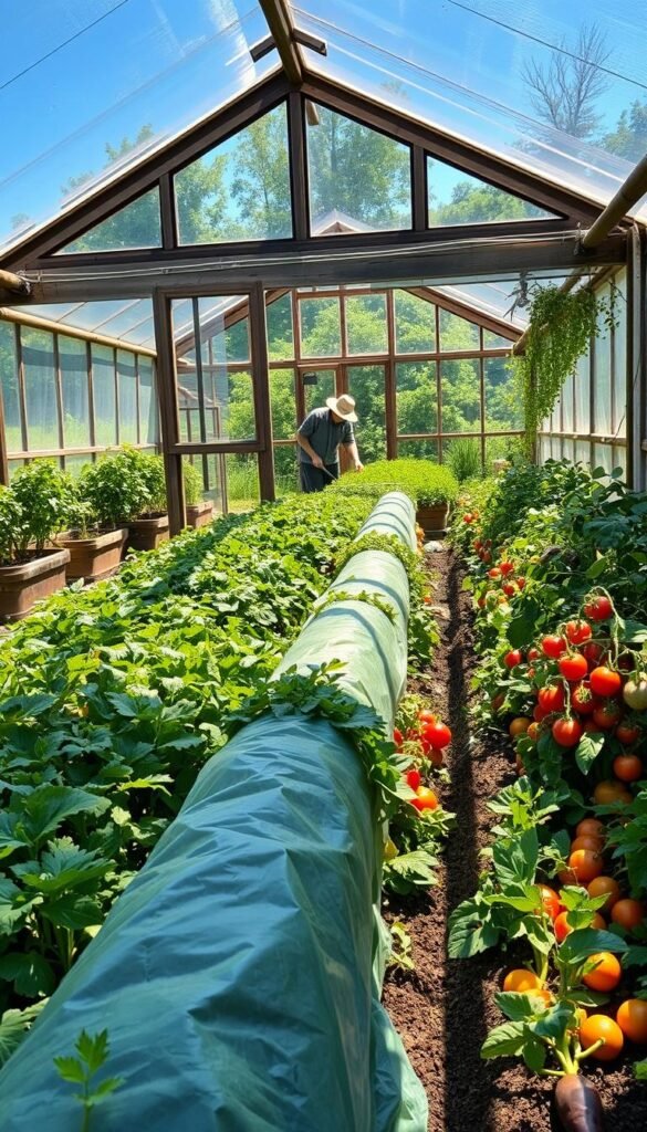 A lush vegetable garden bursting with seasonal bounty, surrounded by a weathered wooden greenhouse and cold frames. Sunlight filters through the glass panels, casting a warm glow on the thriving plants. In the foreground, rows of hearty greens, plump tomatoes, and vibrant root vegetables, each protected by a layer of row covers or cloches. In the middle ground, a gardener carefully tends to the plants, using techniques like raised beds, mulching, and drip irrigation to extend the growing season. The background features a backdrop of verdant foliage and a clear, azure sky, hinting at the bountiful harvests to come throughout the year.