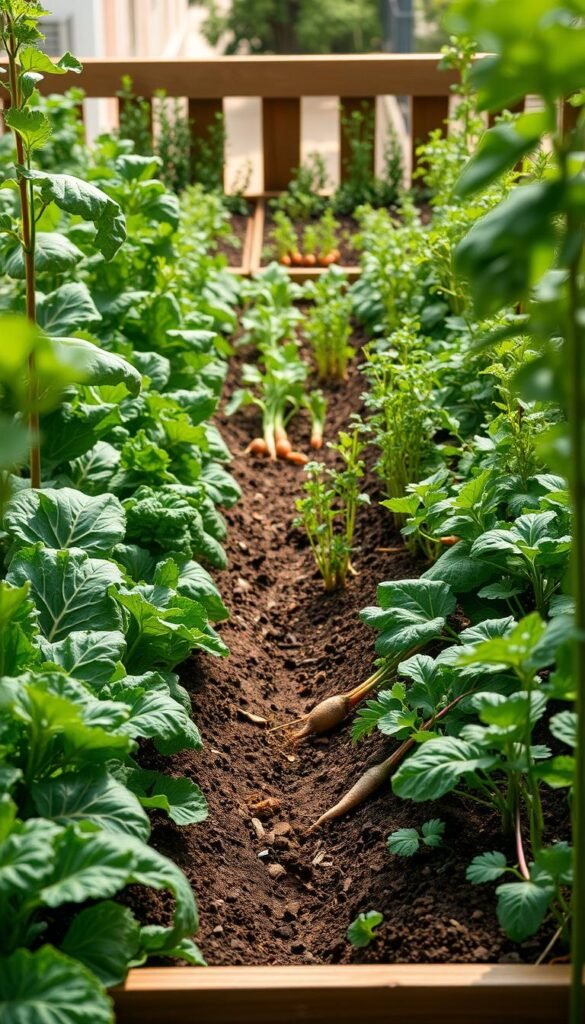 A lush vegetable garden fills the frame, showcasing the basics of succession planting. In the foreground, rows of leafy greens - kale, spinach, and arugula - stand tall, their vibrant colors contrasting against the rich soil. The midground features a mix of maturing plants - carrots, radishes, and beets - ready for staggered harvesting. In the background, fresh seedlings poke through the earth, promising a continuous supply of fresh produce. The scene is bathed in soft, natural light, creating a serene, inviting atmosphere. A wooden garden bed frames the composition, hinting at the balcony setting. This image captures the essence of a thriving, self-sustaining succession planting system.