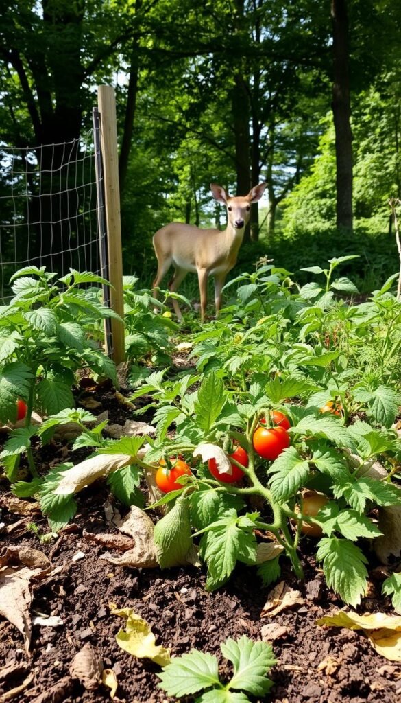 A lush vegetable garden, its delicate bounty ravaged by the relentless incursion of hungry wildlife. In the foreground, the torn, trampled leaves of prized tomato plants, their once-vibrant foliage now tattered and strewn across the soil. Surrounding this scene, a low fence stands, its mesh wire breached by the determined paw prints of a cunning rabbit. Beyond, a deer pauses, its majestic head turning, peering through the dappled sunlight that filters in from the densely wooded background. The air is thick with the scent of crushed vegetation, a testament to the ongoing battle between cultivated bounty and the untamed forces of nature.
