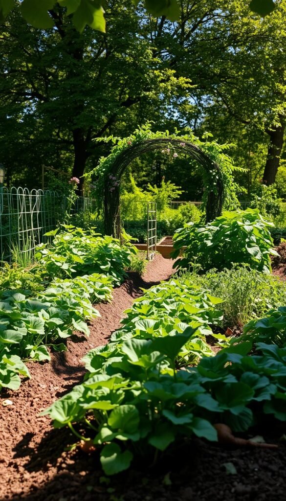 A lush vegetable garden thriving in dappled sunlight, with leafy greens, vibrant herbs, and plump root vegetables flourishing in the partial shade. The foreground showcases neatly arranged garden beds, with plants casting soft shadows on the rich, loamy soil. In the middle ground, a picturesque archway frames the scene, its vines and flowers adding a touch of whimsy. The background features a verdant canopy of trees, filtering the sunlight and creating a serene, calming atmosphere. The lighting is soft and diffused, highlighting the vibrant colors and textures of the plants. The overall composition conveys the tranquility and productivity of a partial shade gardening setup.