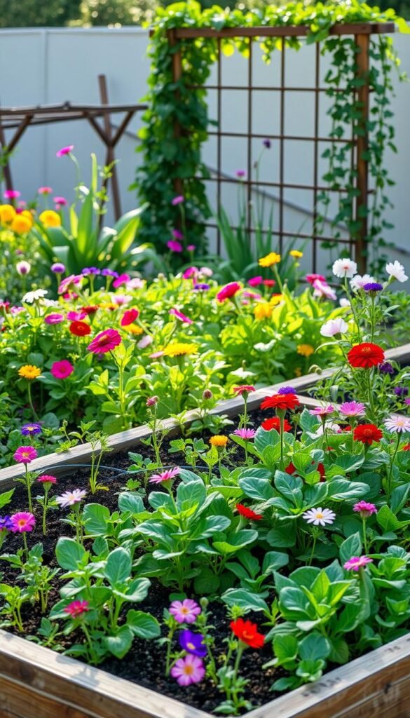 A lush vegetable garden with vibrant flowers, bathed in soft natural light. In the foreground, a raised planter bed showcases various annual and perennial planting techniques - carefully spaced seedlings, intermingled with colorful blooms, all thriving harmoniously. The middle ground reveals a mix of leafy greens and petals, creating a romantic, cottage-style aesthetic. In the background, a picturesque trellis supports climbing vines, adding depth and texture to the scene. The overall composition conveys a sense of balance, order, and the beauty that can arise from thoughtful, sustainable gardening practices.