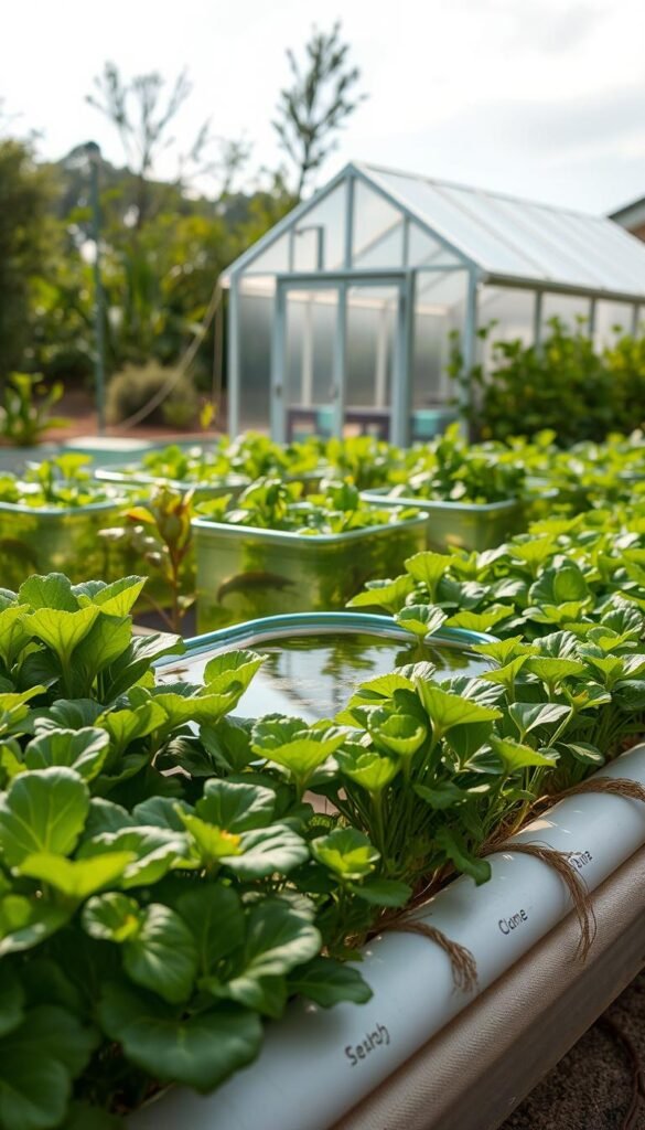 A lush, verdant aquaponic garden thrives amidst a serene, natural landscape. In the foreground, leafy greens and vibrant vegetables grow hydroponically, their roots submerged in a crystal-clear, circulating water system. The middle ground features a small, well-designed aquaculture tank, home to a variety of healthy fish. In the background, a solar-powered greenhouse structure stands, its glass panels capturing the sun's rays to power the entire self-sustaining ecosystem. The lighting is soft and diffused, creating a warm, inviting atmosphere that highlights the inherent harmony between the plants, fish, and their shared environment. This image conveys the environmental benefits and sustainable nature of aquaponic gardening, a holistic approach to food production that minimizes waste and maximizes efficiency.