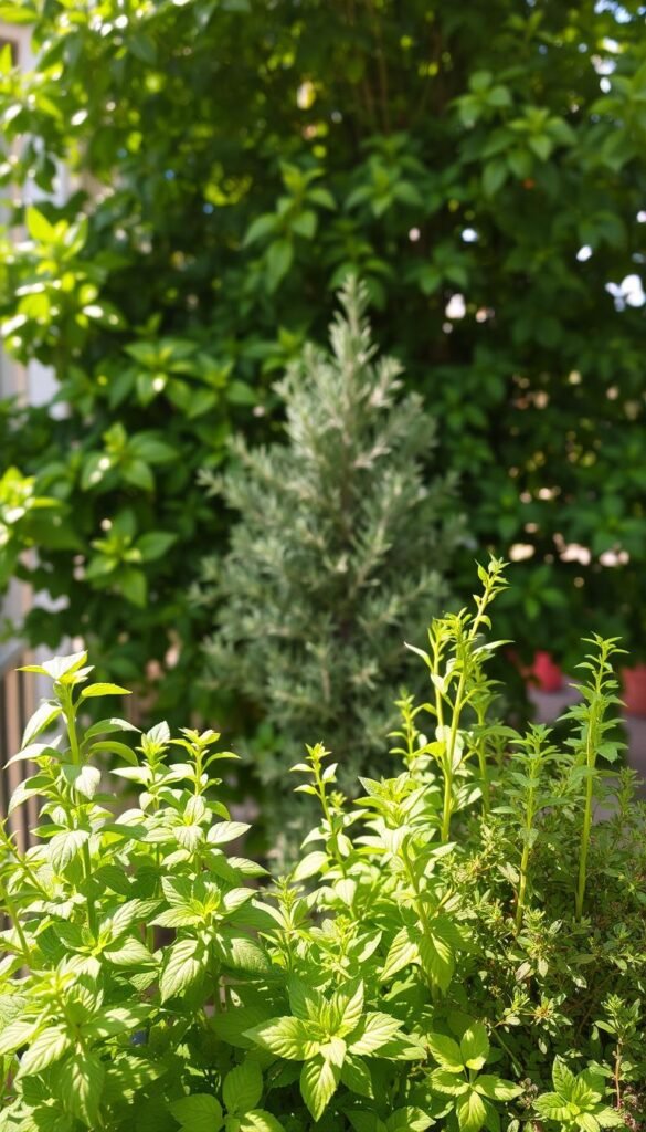 A lush, verdant arrangement of herbs thriving in the soft, filtered light of a shady balcony. In the foreground, a vibrant mix of basil, thyme, and oregano, their fragrant leaves gently swaying. The middle ground features a bushy rosemary plant, its silvery-green foliage casting gentle shadows. In the background, a towering bay laurel tree provides a verdant canopy, its deep green leaves creating a sense of tranquility. The entire scene is bathed in a warm, diffused light, creating a cozy, inviting atmosphere perfect for an urban oasis.