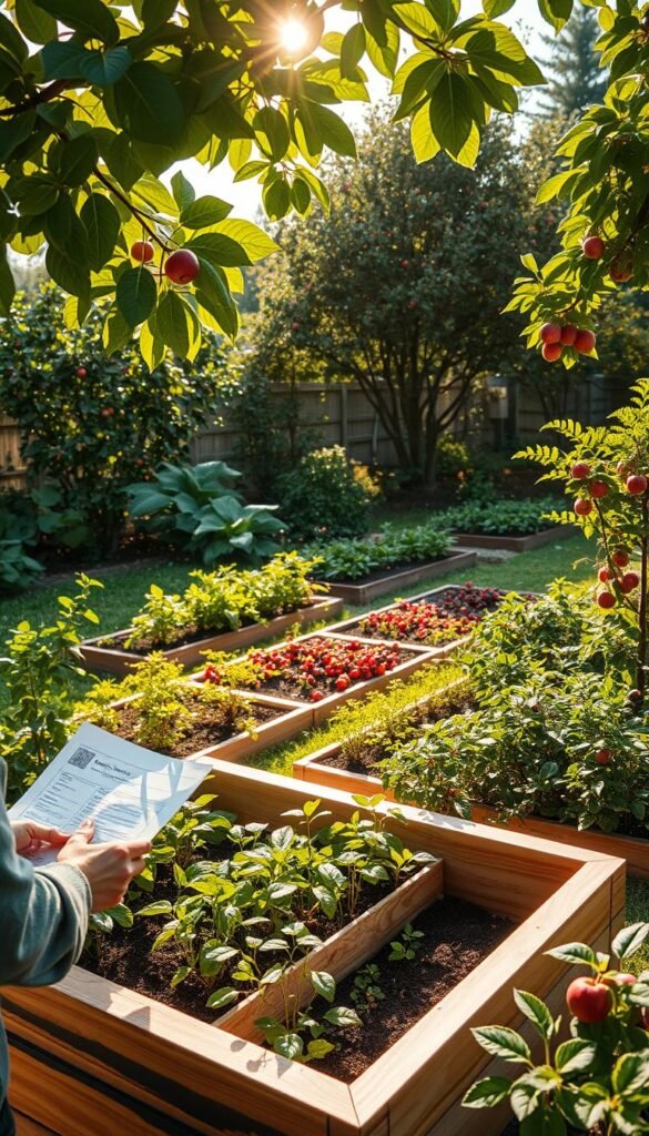 A lush, verdant backyard filled with an array of thriving fruit trees and plants. In the foreground, a gardener carefully studies a detailed plan, hands resting on a wooden planter box brimming with vibrant seedlings. Sunlight filters through the canopy of leaves above, casting a warm, golden glow across the scene. In the middle ground, neatly arranged garden beds showcase a variety of budding fruits - cherries, apples, berries, and more. The background is dotted with mature fruit trees, their branches heavy with ripe, juicy offerings. The overall atmosphere is one of peaceful productivity, as the gardener contemplates the growth and bounty to come.