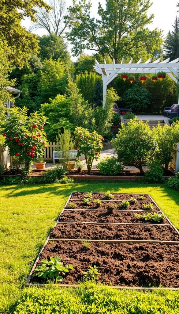 A lush, verdant backyard garden transforms over time, from a simple lawn to a thriving oasis of edible delights. In the foreground, a series of raised garden beds emerge, their soil rich and teeming with life. Mid-frame, a variety of fruit trees and berry bushes take root, their branches laden with vibrant, ripe produce. In the background, a whimsical pergola casts dappled shadows, complementing the harmonious layout of pathways and seating areas. The scene is bathed in warm, golden light, capturing the gradual evolution of this backyard sanctuary into a bountiful, self-sustaining food haven.