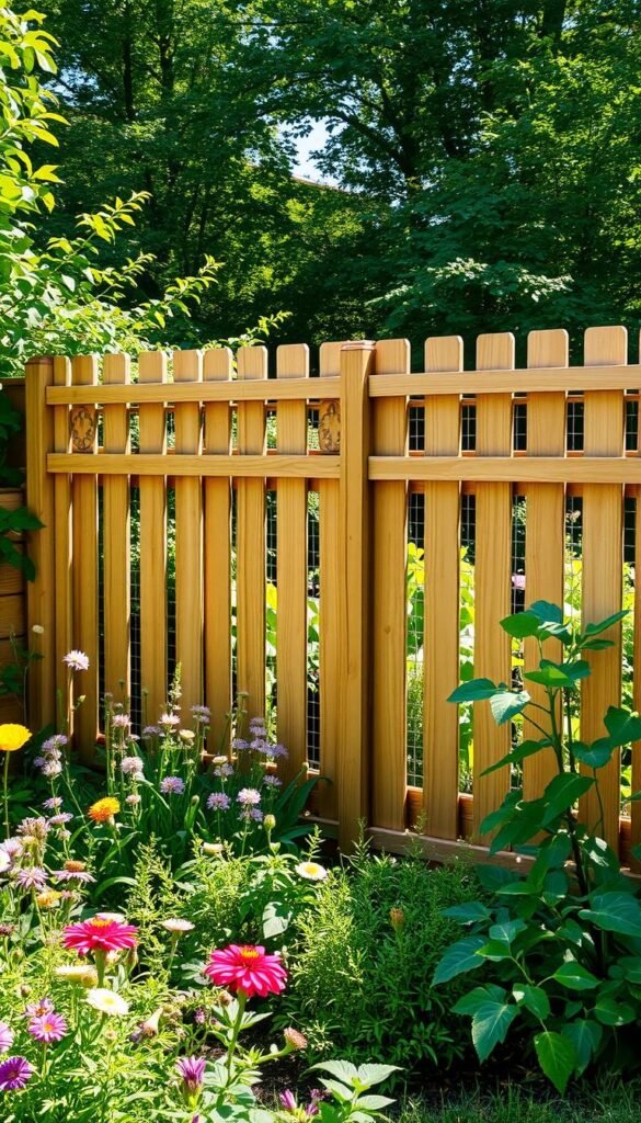 A lush, verdant backyard garden with a well-crafted wooden fence designed to protect against wildlife intrusion. The fence features strategically placed decorative latticework and subtle wire mesh panels, blending seamlessly with the surrounding foliage. Sunlight filters through the fence, casting a warm, inviting glow over the scene. In the foreground, a variety of vibrant flowers and lush greenery thrive, while in the background, healthy vegetable plants flourish within the protected enclosure. The overall composition evokes a sense of harmony between form and function, creating a visually appealing and practical solution for the backyard gardener.