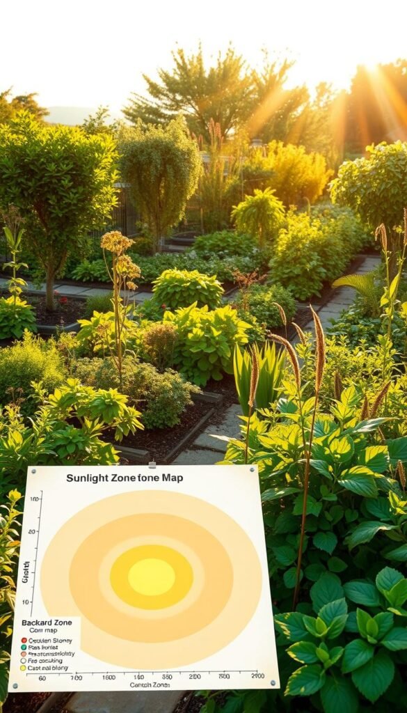 A lush, verdant backyard garden with vibrant edible plants bathed in warm, golden sunlight. In the foreground, a detailed sunlight zone map illustrates the optimal growing conditions for each plant, with various shades indicating different levels of sun exposure. The middle ground features a variety of flourishing herbs, vegetables, and fruit trees, expertly arranged to maximize productivity. In the background, a tranquil, serene atmosphere with a soft, hazy glow sets the stage for this idyllic edible landscape. Crisp, high-resolution details captured through a wide-angle lens showcase the harmonious blend of function and beauty.