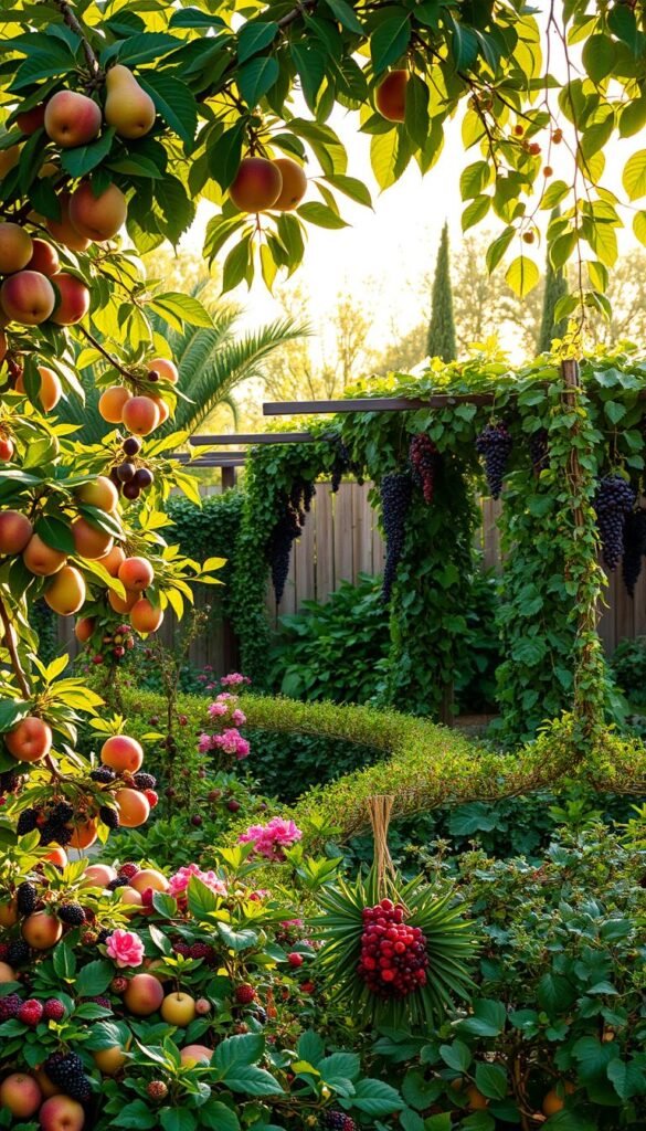 A lush, verdant backyard oasis with an abundance of fruit trees, berry bushes, and cascading vines. In the foreground, a harmonious arrangement of apple, pear, and peach trees, their branches heavy with ripe, colorful fruit. Winding through the middle ground, a trellis covered in clusters of juicy blackberries and raspberries. In the background, a vibrant tapestry of grape vines draped over an arbor, their tendrils reaching towards the sun. The scene is bathed in soft, golden light, creating a warm, inviting atmosphere. Expertly composed to maximize productivity and aesthetic appeal, this backyard fruit garden is a true feast for the senses.
