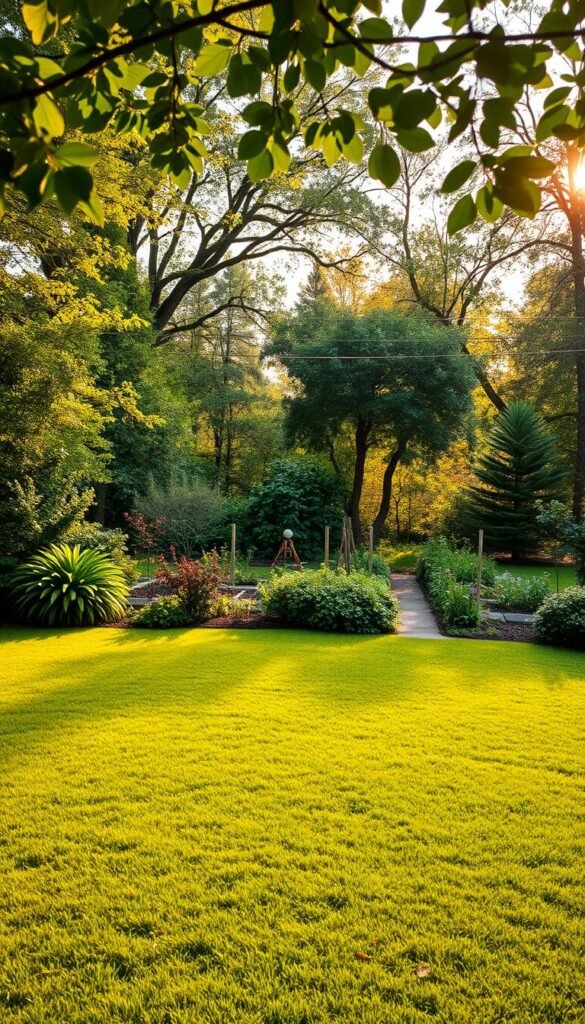 A lush, verdant backyard with a focus on assessing its potential for a thriving vegetable garden. The foreground showcases a well-tended lawn, inviting exploration. The middle ground features a mix of mature trees, shrubs, and a few existing garden beds, hinting at the site's inherent growing capabilities. In the background, a warm, golden light filters through, creating a serene and contemplative atmosphere. The scene is captured through a wide-angle lens, allowing the viewer to fully immerse themselves in the space and envision the possibilities. Subtle shadows and textures add depth and dimension, guiding the eye toward the potential waiting to be unlocked.