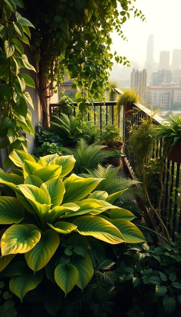 A lush, verdant balcony oasis overflowing with diverse foliage. In the foreground, a flourishing hosta plant with broad, rippling leaves in shades of green and yellow. Beside it, a cluster of delicate ferns, their fronds gently swaying in the soft, diffused light. In the middle ground, a mix of trailing vines and potted plants, their leaves casting intricate shadows across the balcony floor. In the background, a glimpse of the city skyline, hazy and dreamlike, creating a sense of tranquility. The scene is bathed in a warm, golden glow, as if illuminated by a soft, natural light source. The overall composition evokes a serene, calming atmosphere, perfect for showcasing the beauty and resilience of these shade-loving, low-light-loving balcony plants.