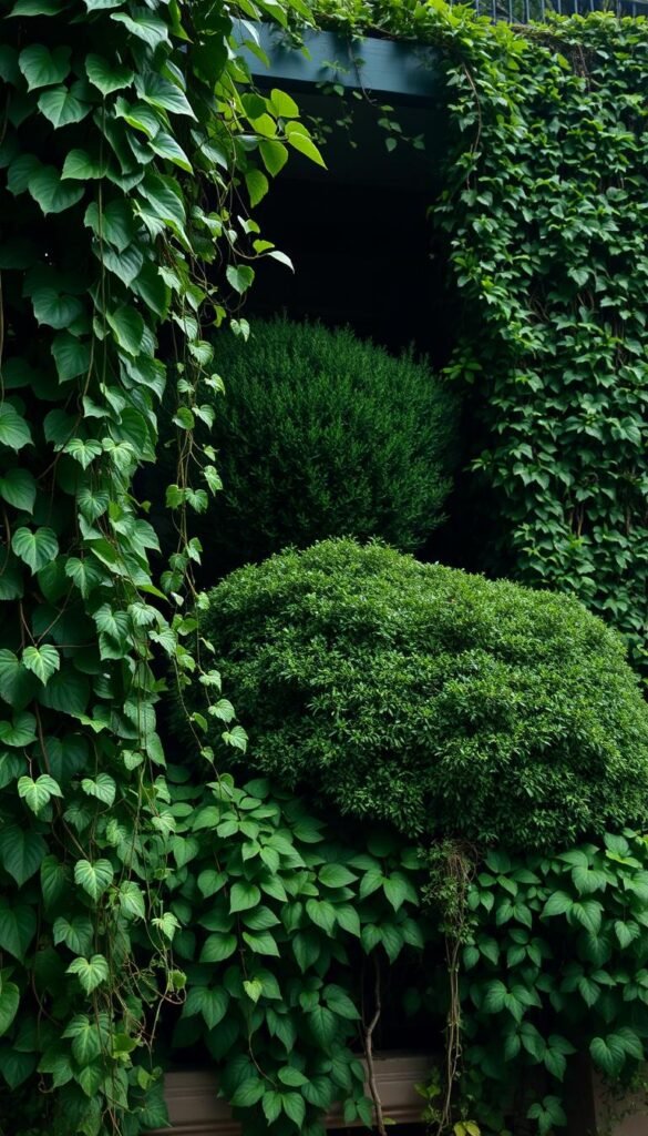 A lush, verdant balcony scene, with thick tangles of vining plants and full, bushy shrubs casting deep, soft shadows. In the foreground, cascading tendrils of ivy and trailing vines drape gracefully over the balcony's edge, their leaves gently rustling in a light breeze. Behind them, large, leafy shrubs fill the middle ground, their broad, overlapping foliage creating a dense, shaded alcove. In the background, the balcony walls are partially obscured by a dense tapestry of climbing vines, their intricate patterns of leaves and stems filtering the soft, diffused daylight. The overall atmosphere is one of tranquil seclusion, with the rich, earthy tones and organic forms of the plants creating a sense of natural harmony.