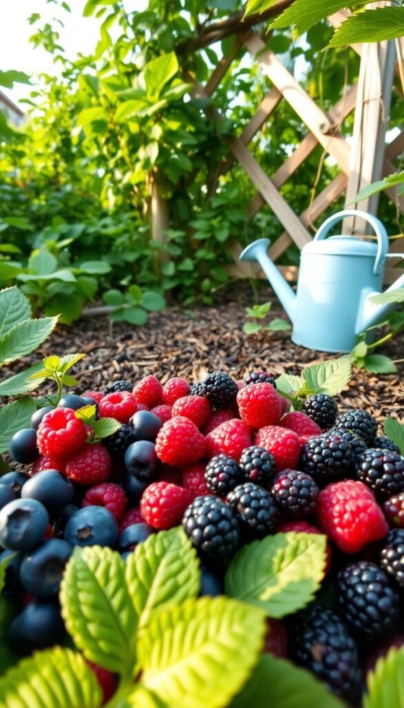 A lush, verdant berry patch in soft morning light. In the foreground, ripe berries - plump blueberries, juicy raspberries, and shiny blackberries - await gentle harvesting. The middle ground showcases a well-tended garden bed, with fresh mulch covering the soil and a watering can nearby. In the background, a wooden trellis supports the twisting vines, creating a natural, rustic frame. The overall scene conveys a sense of care, nurturing, and the bounty of a healthy, thriving berry patch. Captured with a wide-angle lens to emphasize the depth and tranquility of the setting.