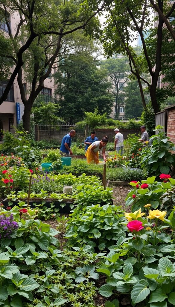 A lush, verdant community garden thrives in the heart of a bustling urban landscape. The foreground showcases a diverse array of flourishing plants, vegetables, and flowers, their vibrant colors and textures creating a visually captivating tapestry. In the middle ground, a group of community members, young and old, work together tending to the garden, their faces alight with a sense of purpose and pride. The background reveals the transformation, with once-barren concrete spaces now transformed into a verdant oasis, surrounded by towering buildings. Soft, diffused lighting filters through the canopy of trees, casting a warm, inviting glow over the scene, conveying a sense of community, sustainability, and harmony between nature and the urban environment.