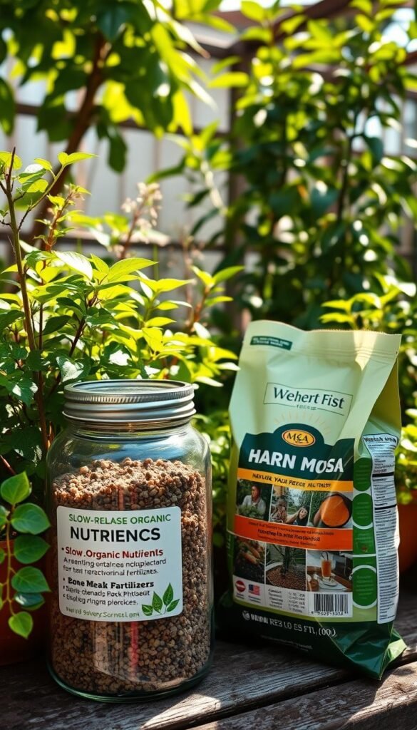 A lush, verdant container garden filled with thriving plants. In the foreground, a glass jar showcases slow-release organic nutrients, featuring a mix of natural materials like seaweed, bone meal, and rock phosphate. Beside it, a bag of synthetic chemical fertilizer stands in contrast, its harsh, artificial packaging a stark juxtaposition. The middle ground reveals healthy, vibrant foliage, a testament to the power of eco-friendly soil amendments. The background depicts a serene, sun-dappled setting, with a warm, earthy color palette that enhances the natural feel. The lighting is soft and diffused, lending an almost ethereal quality to the scene. Captured with a wide-angle lens to emphasize the harmonious relationship between the natural and artificial elements.