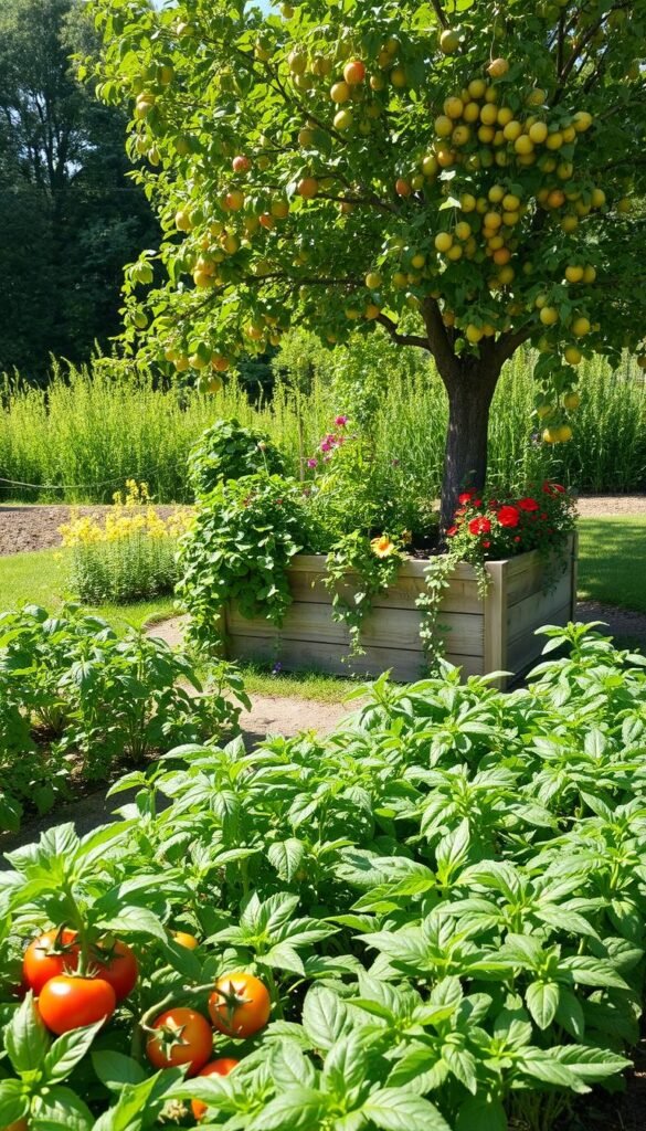 A lush, verdant edible garden nestled in a sun-dappled clearing. In the foreground, rows of vibrant vegetables and herbs - tomatoes, leafy greens, fragrant basil - beckoning to be harvested. The middle ground features a rustic wooden planter box overflowing with trailing vines and blooming flowers, creating a beautiful and functional border. Towering in the background, a flourishing fruit tree casts a gentle, warm glow over the scene, its branches heavy with ripe, juicy produce. The overall atmosphere is one of abundance, tranquility and a harmonious blend of form and function, inviting the viewer to imagine the bounty and joy of tending to this productive, visually captivating garden.