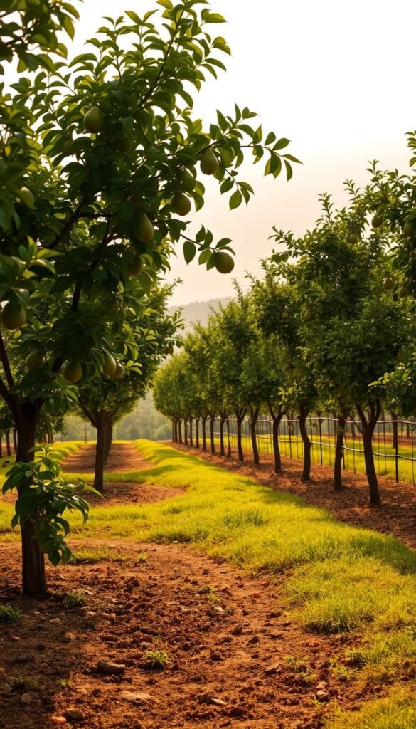 A lush, verdant espalier fruit garden, with shapely pear and apple trees trained along latticed frames, their branches gracefully extended and intertwined. The trees are bathed in warm, soft light, casting delicate shadows on the meticulously manicured ground below. In the foreground, a patchwork of rich, loamy soil and a scattering of fallen fruit hint at the garden's bountiful harvest. The background is filled with a hazy, dreamlike landscape, suggesting a serene and secluded setting. The overall scene evokes a sense of peaceful tranquility and the harmonious integration of man and nature.