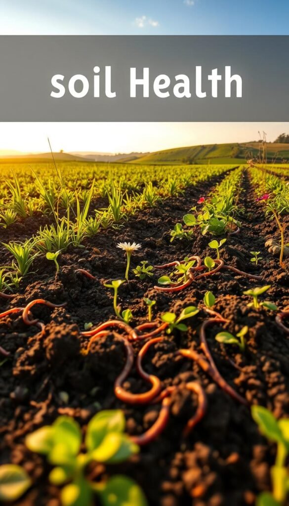A lush, verdant field showcasing the core principles of soil health. In the foreground, healthy, dark-hued soil teems with life - earthworms, microorganisms, and vibrant plant roots intertwined. The middle ground features diverse, thriving vegetation - grasses, legumes, and flowering plants, all working in harmony to enrich the earth. Warm, golden sunlight filters through, casting a serene, natural glow. In the background, rolling hills and a cloudless sky create a picturesque, pastoral scene. Captured with a wide-angle lens, this image conveys the essence of a regenerative, no-dig gardening approach that nurtures soil health with minimal effort.