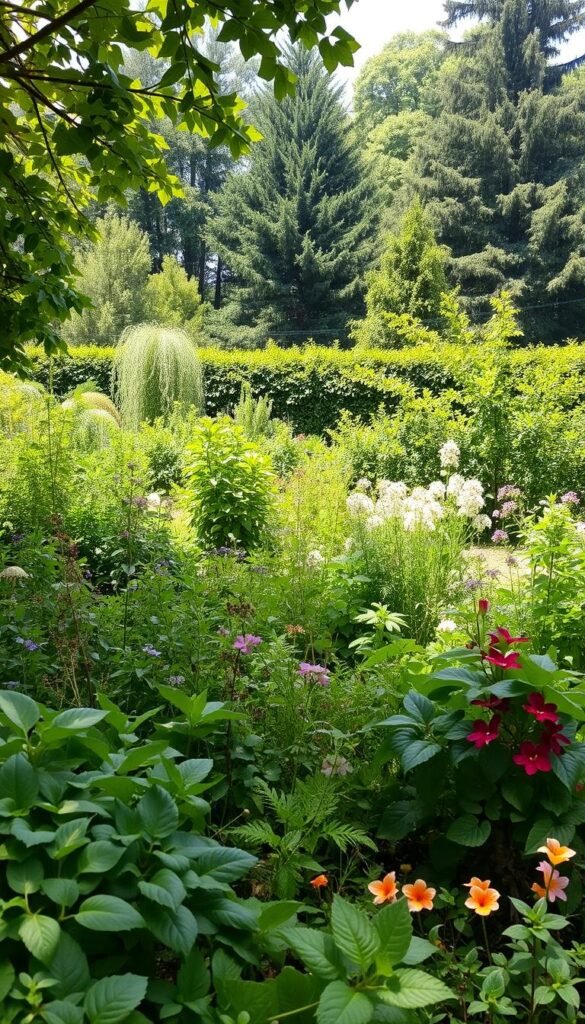 A lush, verdant food forest with diverse, low-maintenance plantings. In the foreground, a mix of leafy greens, herbs, and vibrant flowers thrive without intensive care. The middle ground showcases a variety of fruit trees - apple, pear, and plum - naturally arranged in a layered canopy. In the background, towering nut trees and evergreen shrubs form a sheltering, natural boundary. Dappled sunlight filters through the foliage, casting a warm, inviting glow. The scene exudes a sense of effortless abundance and harmonious coexistence, embodying the principles of a low-maintenance permaculture garden.