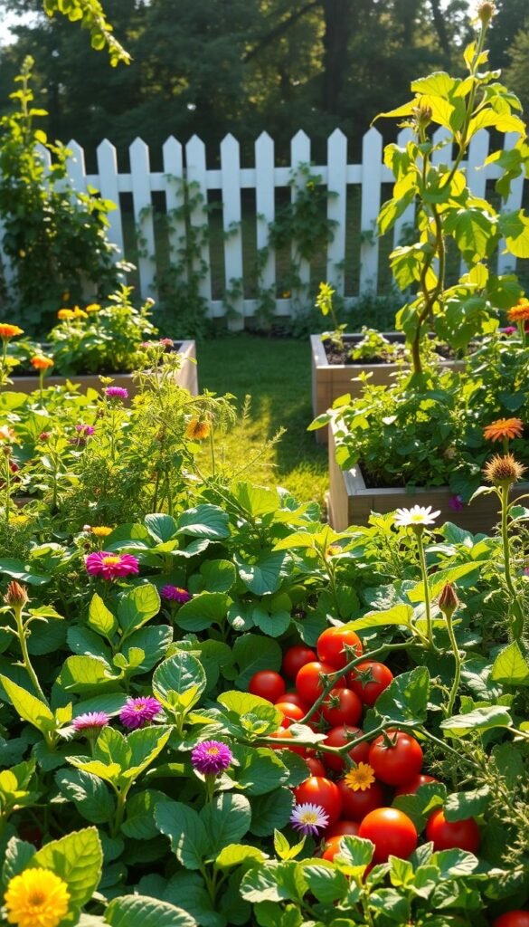 A lush, verdant front yard garden overflows with vibrant vegetables and herbs, bathed in warm, golden sunlight. In the foreground, leafy greens, plump tomatoes, and cheerful flowers create a bountiful, edible tapestry. The middle ground showcases thriving squash vines, trailing along raised beds, while in the background, a picket fence frames the scene, adding a touch of pastoral charm. The overall composition exudes a sense of abundance, health, and the joyful connection between people and the land. Captured with a wide-angle lens, this image conveys the benefits of transforming a traditional lawn into a productive, visually-striking edible garden.