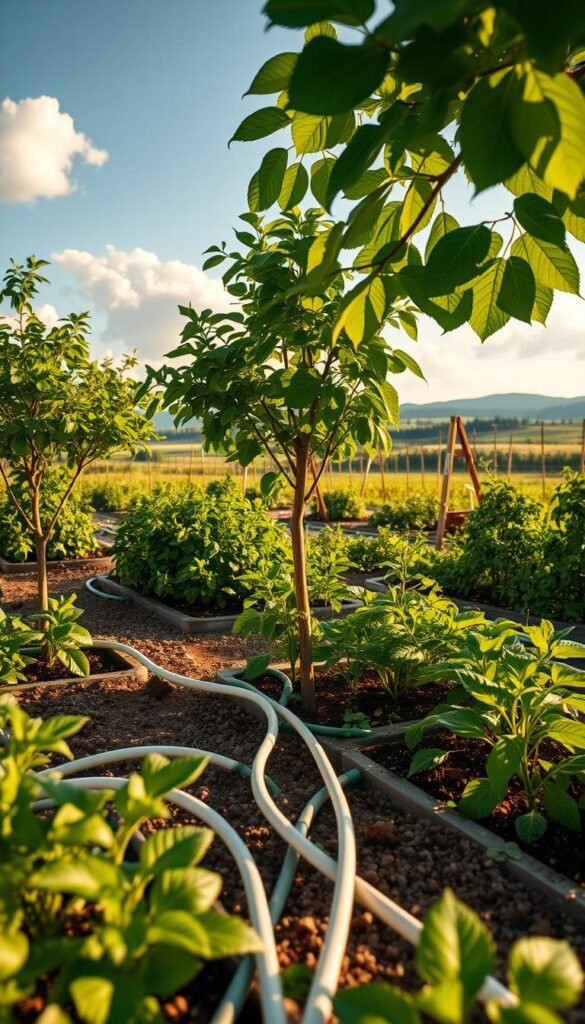 A lush, verdant fruit garden in golden afternoon light, with a detailed drip irrigation system prominently featured in the foreground. The system consists of a network of flexible tubing snaking through the raised garden beds, delivering targeted water flow to the root systems of thriving fruit trees and berry bushes. In the middle ground, healthy, vibrant plants sway gently in a light breeze, their leaves casting intricate shadows on the well-tended soil. The background reveals a tranquil, pastoral landscape, with distant hills and a clear sky dotted with fluffy white clouds. The overall scene conveys a sense of harmony, efficiency, and sustainability - a productive, eco-friendly oasis designed to maximize yields in a compact space.