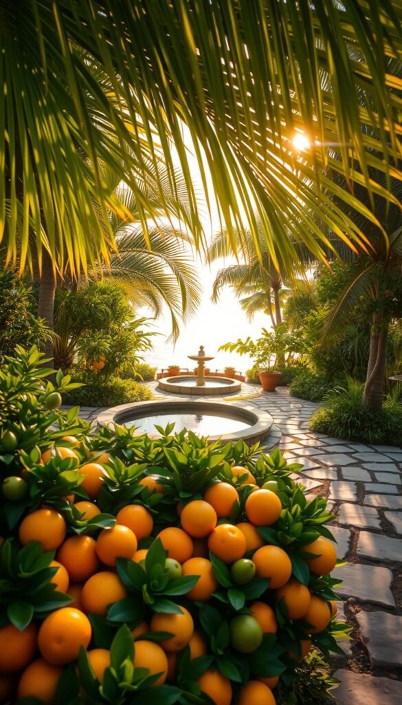A lush, verdant fruit garden oasis, bathed in warm, golden sunlight filtering through swaying palm fronds. In the foreground, a vibrant display of ripe, glistening citrus fruits - oranges, lemons, and limes - nestled amongst the verdant foliage. The middle ground reveals a tranquil water feature, its gentle ripples reflecting the serene sky above. Meandering stone pathways invite exploration, leading deeper into the oasis, where fig, pomegranate, and mango trees stand tall, their branches heavy with succulent fruits. The overall atmosphere is one of peaceful abundance, a harmonious blend of nature's bounty and soothing aesthetic appeal.