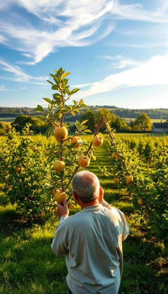 A lush, verdant fruit orchard bathed in warm, golden sunlight. In the foreground, a skilled gardener demonstrates various pruning and training techniques on a young apple tree, its branches carefully shaped and guided. In the middle ground, rows of other fruit trees - pears, plums, cherries - in varying stages of growth, each meticulously trained into open-center, espalier, or other desirable forms. The background features a picturesque landscape of rolling hills, a quaint farmhouse, and a clear blue sky dotted with wispy clouds. The scene conveys the harmony of human cultivation and natural beauty, showcasing the art of fruit tree management.