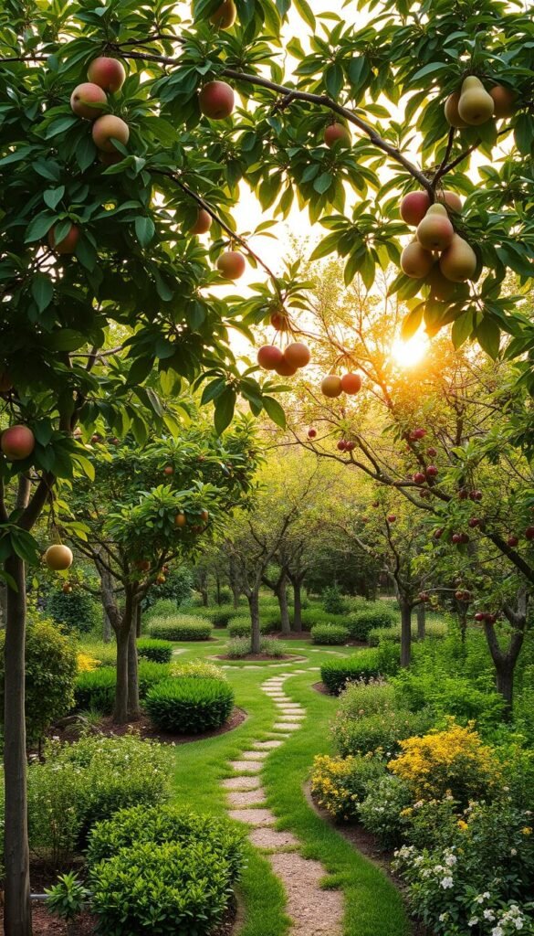 A lush, verdant fruit tree garden design, with a balanced interplay of shade, light, and growth. In the foreground, a mix of apple, pear, and cherry trees stand tall, their branches laden with ripe, colorful fruits. The middle ground features a well-manicured path winding through the garden, flanked by a variety of smaller, flowering bushes and shrubs. In the background, a gentle, warm sunlight filters through the canopy, casting a soft, golden glow over the entire scene. The overall composition creates a serene, inviting atmosphere, perfectly capturing the essence of a backyard fruit tree garden design that harmonizes with its natural surroundings.