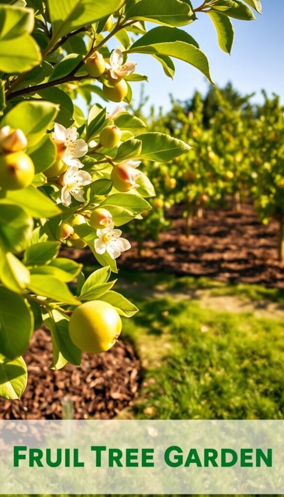 A lush, verdant fruit tree garden in golden sunlight, showcasing the fundamentals of low-maintenance orchard care. In the foreground, a close-up of a vibrant apple tree with delicate blossoms and young, emerald-hued fruits. The middle ground reveals several other fruit trees, their branches heavy with ripe, juicy bounty. In the background, a neatly tended plot of soil, mulched and ready for planting. Soft shadows dance across the scene, creating a warm, inviting atmosphere. The overall composition emphasizes the simple joys and practical considerations of nurturing a thriving fruit tree garden, perfect for beginner growers.